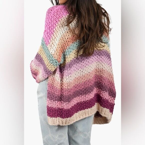 SAACHI NWOT Pink Multicolor Rainbow Striped Oversized Chunky Knit Women Sweater - Picture 1 of 7